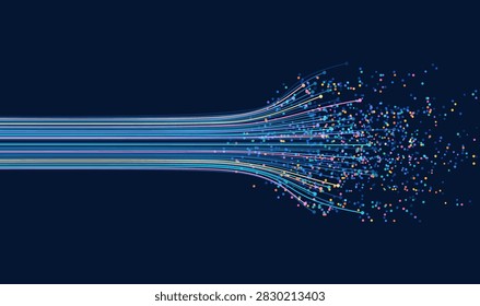 Blue data lines flow across a dark technology background and scatter into particles. Useful for speed, network, transfer, and digital concepts.