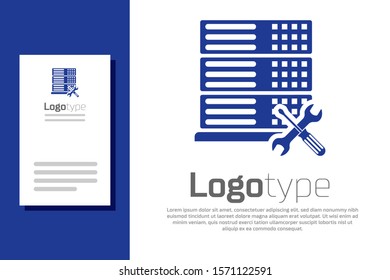Blue Database server with screwdriver and wrench icon isolated on white background. Adjusting, service, setting, maintenance, repair, fixing. Logo design template element. Vector Illustration
