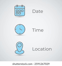 Blue date time location icon clock calendar location icon web icon set vector modern illustration