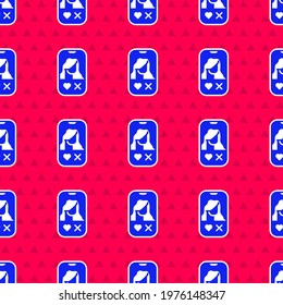 Blue Dating app online mobile concept icon isolated seamless pattern on red background. Female male profile flat design. Couple match for relationship.  Vector