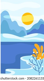 Blue Day Abstract Landscape with Mountains and Sun in the Sky Vector Illustration