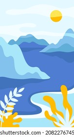 Blue Day Abstract Landscape with Mountains and Sun in the Sky Vector Illustration