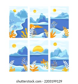 Blue Day Abstract Landscape with Mountains and Sun in the Sky Vector Set