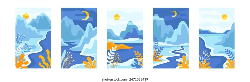 Blue Day and Night Abstract Landscape with Mountains and Sun with Crescent in the Sky Vector Set