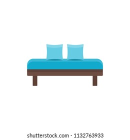 Blue daybed with pillows. Comfortable sofa. Vector illustration. Flat icon of settee. Element of modern home and office furniture. Front view.