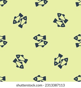 Blue Dead fish icon isolated seamless pattern on yellow background.  Vector