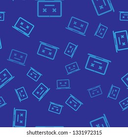Blue Dead laptop icon isolated seamless pattern on blue background. 404 error like laptop with dead emoji. Fatal error in pc system. Vector Illustration