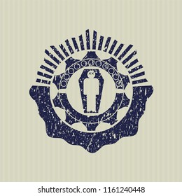 Blue dead man in his coffin icon inside distressed grunge seal