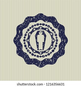 Blue dead man in his coffin icon inside distress with rubber seal texture