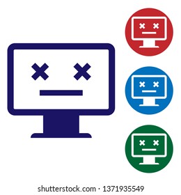 Blue Dead monitor icon isolated on white background. 404 error like pc with dead emoji. Fatal error in pc system. Set color icon in circle buttons. Vector Illustration