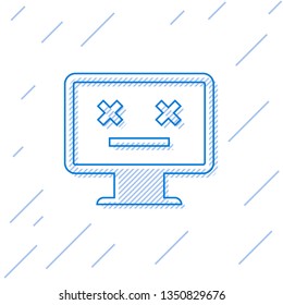 Blue Dead monitor line icon isolated on white background. 404 error like pc with dead emoji. Fatal error in pc system. Vector Illustration