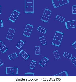 Blue Dead phone icon isolated seamless pattern on blue background. Deceased digital device emoji symbol. Corpse smartphone showing facial emotion. Vector Illustration