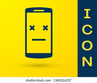 Blue Dead phone icon isolated on yellow background. Deceased digital device emoji symbol. Corpse smartphone showing facial emotion. Vector Illustration