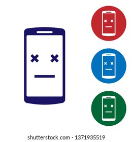Blue Dead phone icon isolated on white background. Deceased digital device emoji symbol. Corpse smartphone showing facial emotion. Set color icon in circle buttons. Vector Illustration