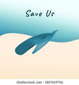 A blue dead stranded whale on sand beach vector for climate change and global warming campaign