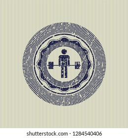 Blue deadlift icon inside distress rubber grunge texture stamp