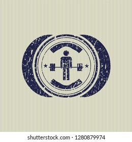 Blue deadlift icon inside distressed rubber stamp with grunge texture