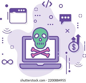 Blue Death Screen Concept, Computer Virus Vector Icon Design, Cloud computing and Internet hosting services Symbol, Hacking Attempt sign, Cross Bone Skull with laptop stock illustration