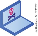 Blue Death Screen isometric Concept, Computer Virus Vector Icon Design, Cloud computing and Internet hosting services Symbol, Hacking Attempt sign, Cross Bone Skull with laptop stock illustration
