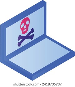 Blue Death Screen isometric Concept, Computer Virus Vector Icon Design, Cloud computing and Internet hosting services Symbol, Hacking Attempt sign, Cross Bone Skull with laptop stock illustration