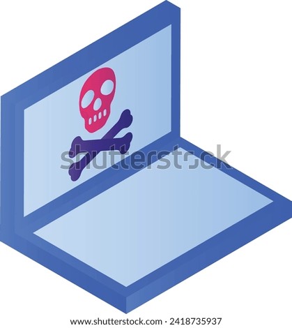 Blue Death Screen isometric Concept, Computer Virus Vector Icon Design, Cloud computing and Internet hosting services Symbol, Hacking Attempt sign, Cross Bone Skull with laptop stock illustration