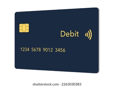 A blue debit card with gold lettering is seen isolated on the background.