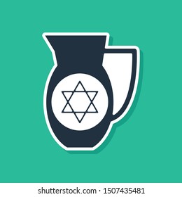 Blue Decanter with star of david icon isolated on green background. Pottery jug. Organic product in carafe.  Vector Illustration