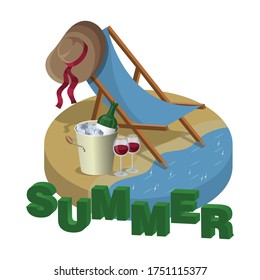 Blue deckchair with a wide-brimmed summer hat stands on beach. Bucket cooler for wine with a bottle and two glasses with drink. Cartoon vector illustration. Isometric 3D lettering Summer