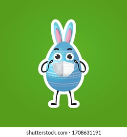 blue decorated egg with rabbit ears in medical mask happy easter spring holiday coronavirus pandemic quarantine concept sticker vector illustration