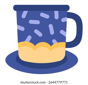 Blue decorated mug featuring yellow accents and a matching handle, resting gracefully on a saucer, set against a clean white background, perfect for enjoying warm beverages