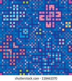 Blue decoration of squares and rectangles. Seamless mosaic of butterflies and beetles.