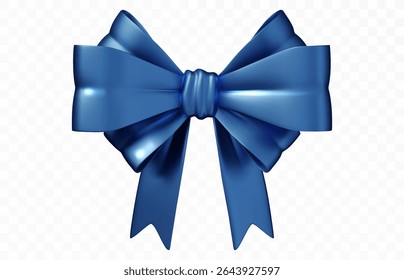 Blue decorative bow made of glossy ribbon. Elegant present topper for holiday gifts, greeting cards, or festive packaging. 3D vector element, isolated on white