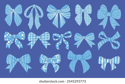 Blue decorative bow ribbon set. Isolated textured elegant girly coquette aesthetic elements. Vector illustration. Trendy striped, dotted, checkered bow-knot hand drawn accessories