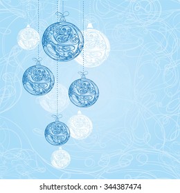 Blue decorative christmas decorations. Christmas balls. New year template. Vector illustration