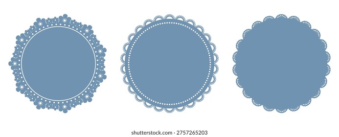 Blue decorative doily frames set. Round lace napkins with scalloped, floral cutout edges. Paper coaster patterns in varied styles. Vintage invitation, table decoration, cake backdrop. Vector.
