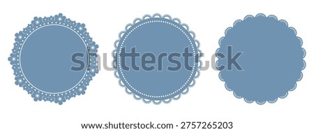 Blue decorative doily frames set. Round lace napkins with scalloped, floral cutout edges. Paper coaster patterns in varied styles. Vintage invitation, table decoration, cake backdrop. Vector.
