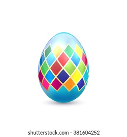 Blue decorative Easter egg with colorful pattern isolated on white background, illustration.