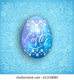 Blue decorative Easter egg with holiday lettering Happy Easter on a background of floral patterns, illustration.