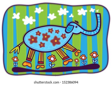 Blue decorative elephant runs among the flowers and makes a trunk white clouds.