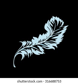 Blue decorative Feather on a black background. Vector illustration