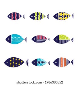 Blue decorative fish. Cute set.