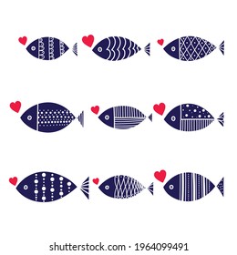 Blue decorative fish and hearts. Cute set.