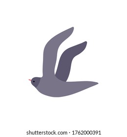 Blue decorative flying bird isolated on white background. Hand-drawn vector sticker of cute birdie. Cartoon style for posters, cards, t-shirt design, stickers.