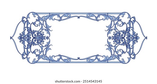 Blue decorative frame in Baroque style, intricate vector design