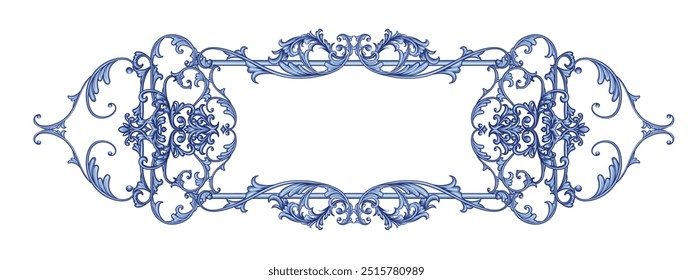 Blue decorative frame in Baroque style, intricate vector design