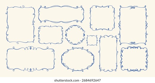 Blue Decorative Frame Collection in Hand-Drawn Style. Elegant doodle borders in different shapes with swirls and curls. Perfect for invitations, greeting cards, posters, labels, scrapbooking, tags