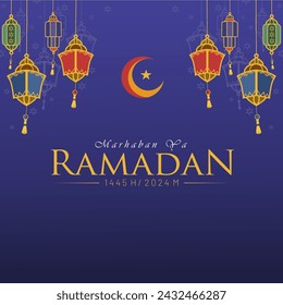 Blue Decorative Marhaban Ya Ramadan 1445H greeting Card. Ramadan Kareem. Ramadan Mubarak. Vector Illustration