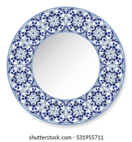 Blue decorative plate with pattern in Oriental style. A circular ornament for your design. Vector illustration.