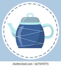 Una tetera decorativa azul para la elaboración de té está aislada contra un círculo blanco con un punzón decorativo bordado. La ilustración imita el trabajo de la aguja