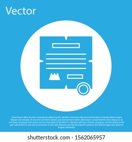 Blue Decree, paper, parchment, scroll icon icon isolated on blue background. White circle button. Vector Illustration